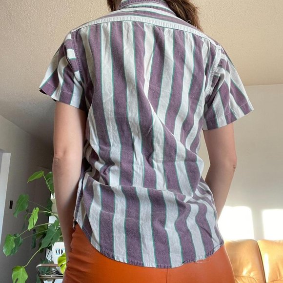 Vintage Short Sleeve Vertical Nautical Stripe Button Up Shirt - Picture 3 of 3